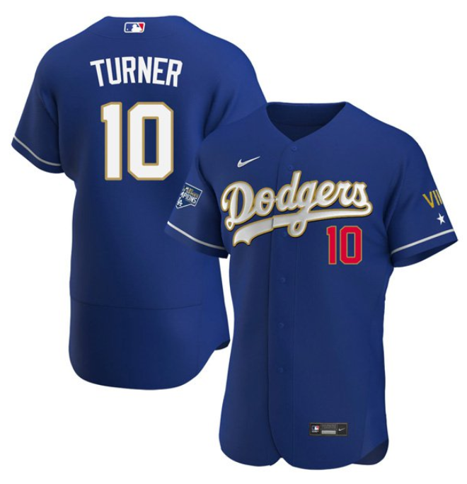 Men's Los Angeles Dodgers #10 Justin Turner Royal Blue Championship Flex Base Sttiched MLB Jersey